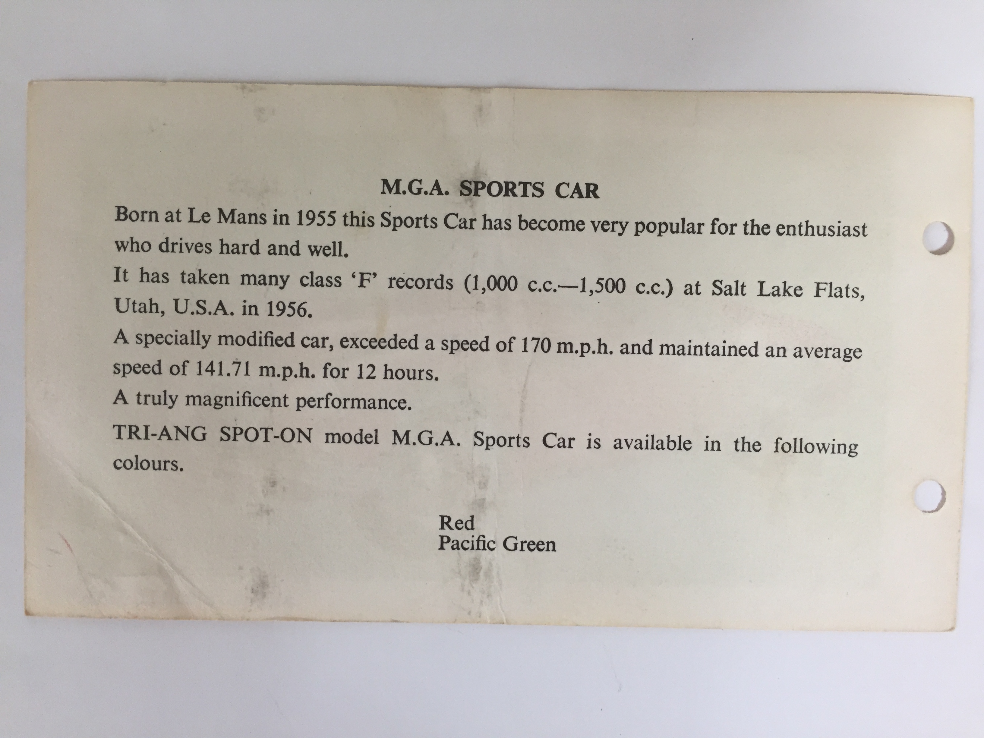 スポット・オン　MGAスポーツ　データカード（SPOT-ON MGA Sports Data Card）