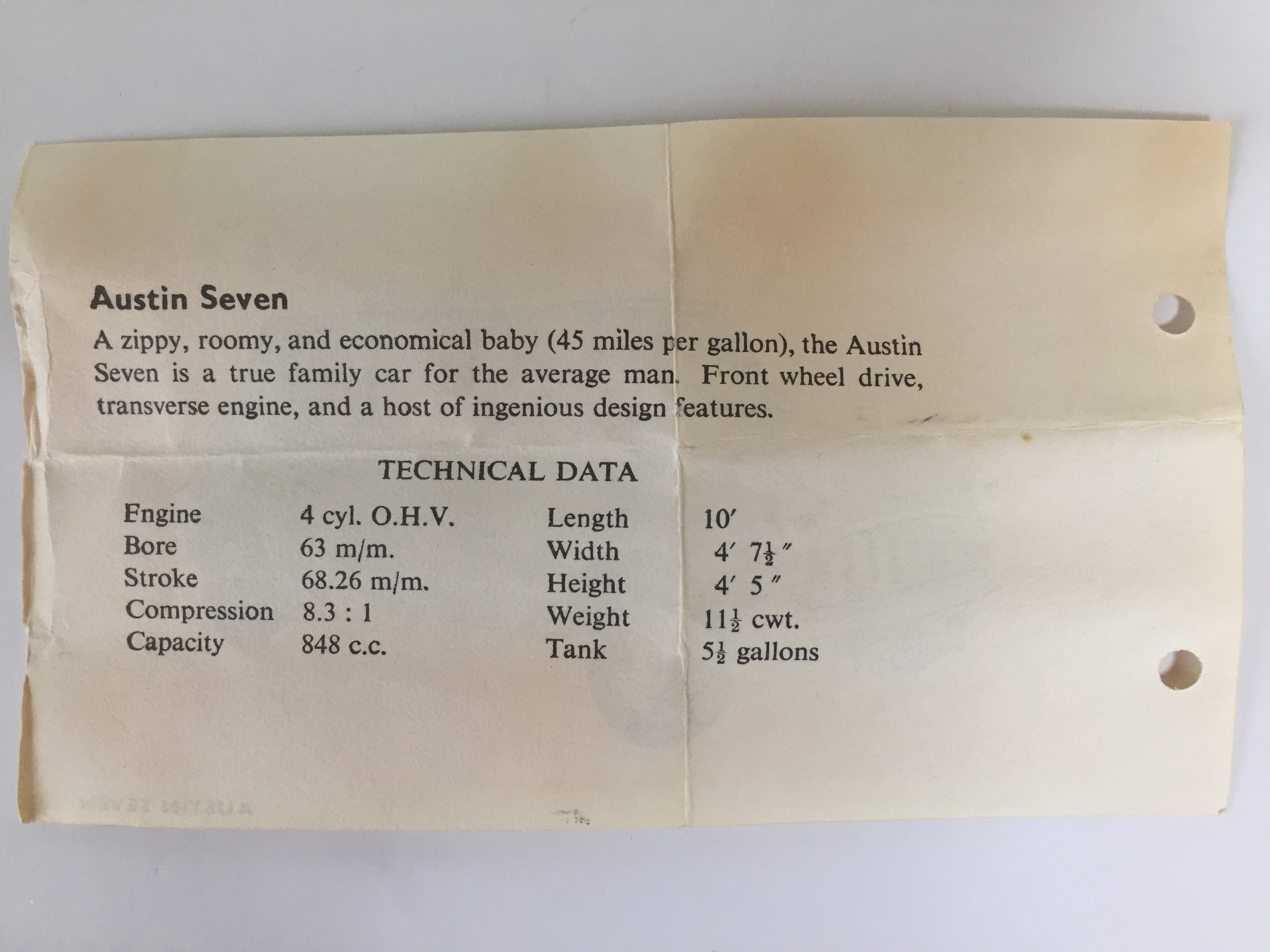 スポット・オン　オースチン・セブン　データカード（SPOT-ON Austin Seven Data Card）